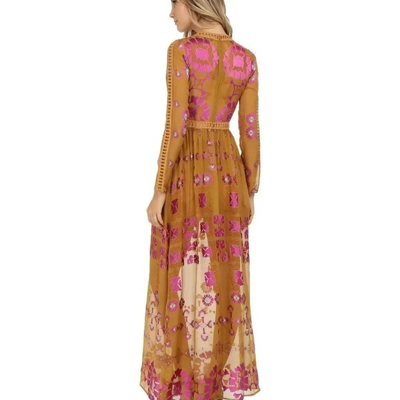 For Love & Lemons Barcelona Maxi Dress Silk Blend Mustard Yellow Sz XS - Picture 5 of 16